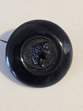 Antique Victorian Hand Carved Black Jet Round Cameo Button Pin